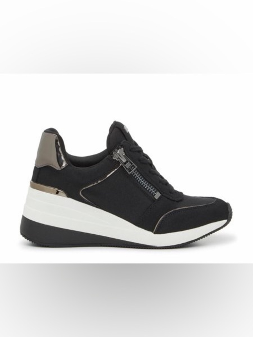 DKNY Black and Silver Wedge Lace-Up Sneakers with Side Zip